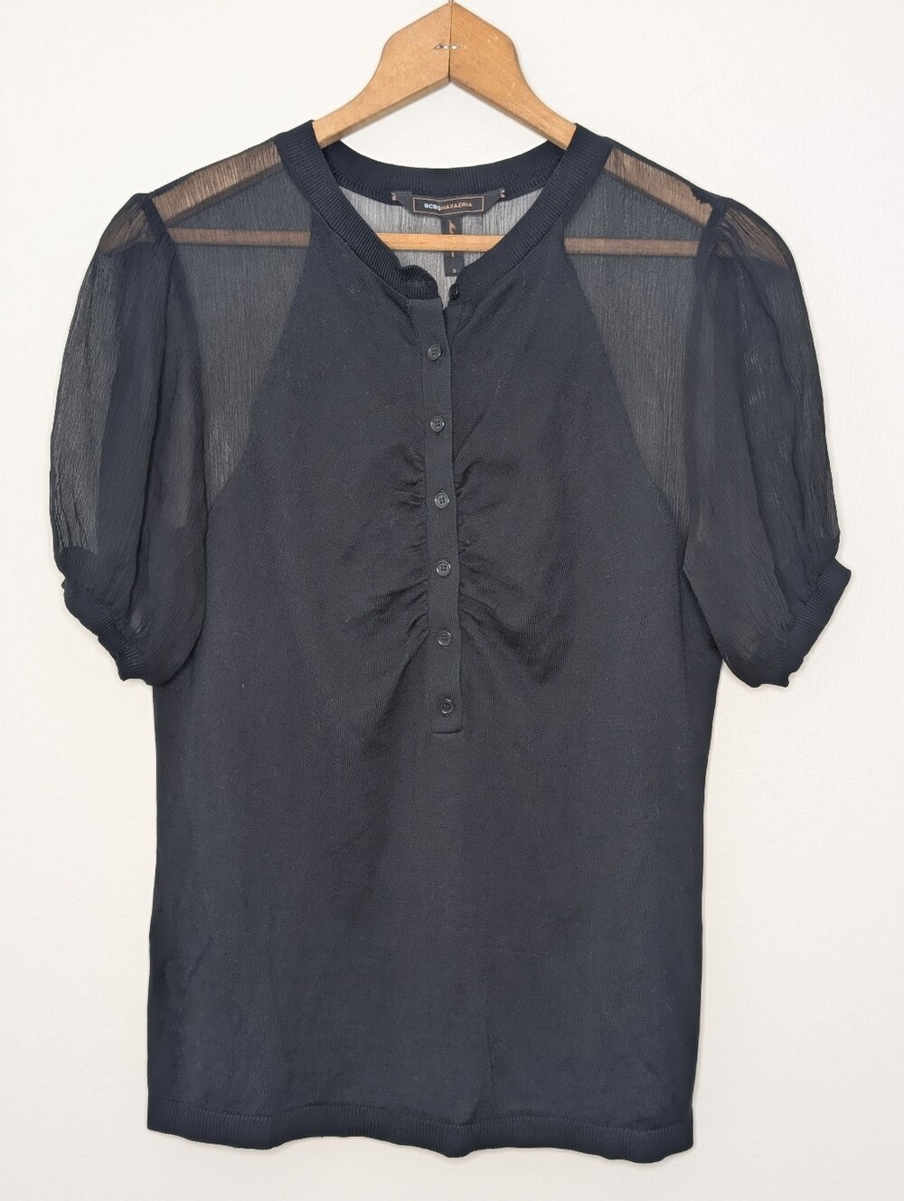 BCBG Max Azria Black Sheer Silk and Knit Blend Blouse Puff Sleeves Women's Small